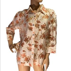 Vintage NOTATIONS Orange Floral Long Sleeve Cutout Semi-sheer Blouse Shirt Top L